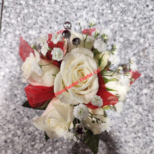 White & Red Wrist Corsage