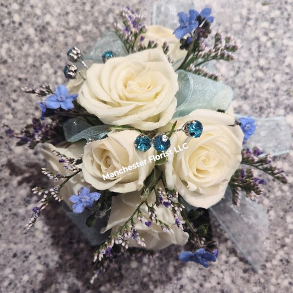 Light Blue & White Wrist Corsage