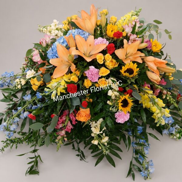 Sunflower & Orange Lily Casket Spray