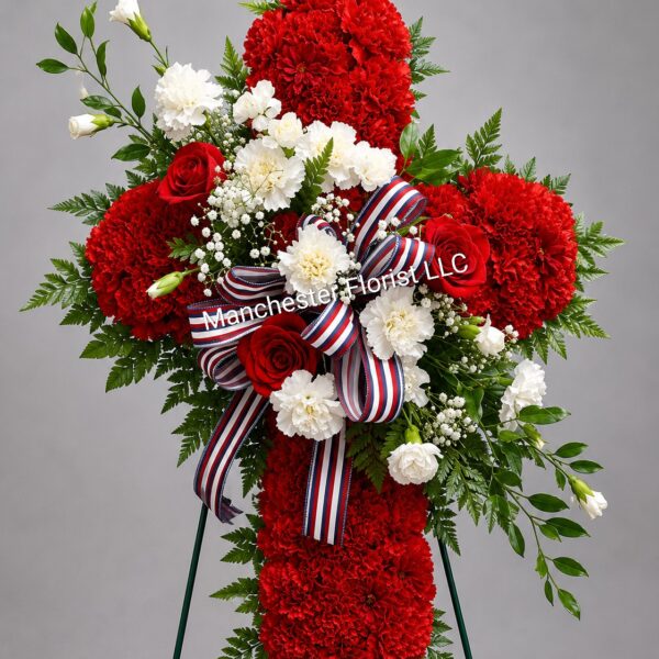 Red Cross with White Carnations Standing Spray
